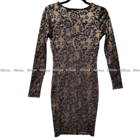 Bronze Gold Long Sleeve Black Dress With Lace Overlay  - Size M, Size L - Picture 6 of 13